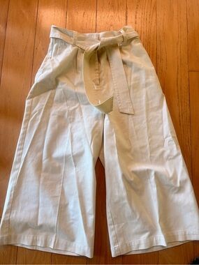 LK Bennett Cream High-Waist Wide Leg Cropped Trousers with Self-Tie Belt